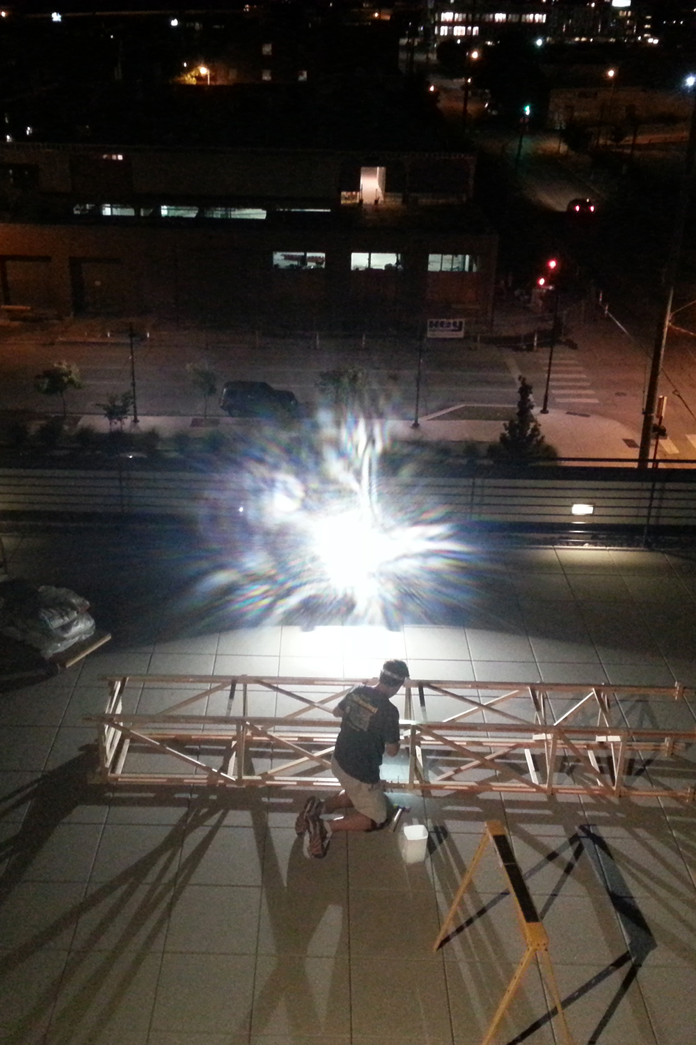 Assembling the tower on the 4th Floor Rooftop Deck at the Hardesty Arts Center
